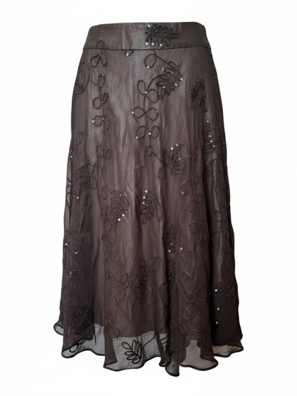 Anne Klein NEW Y2K 100% Silk Sheer Embroidered Sequin Midi Skirt Brown 4 Boho - Picture 4 of 16